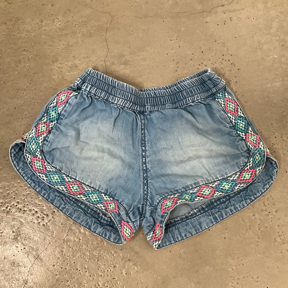 Peek Blue Denim Shorts with Pink and Green Accents